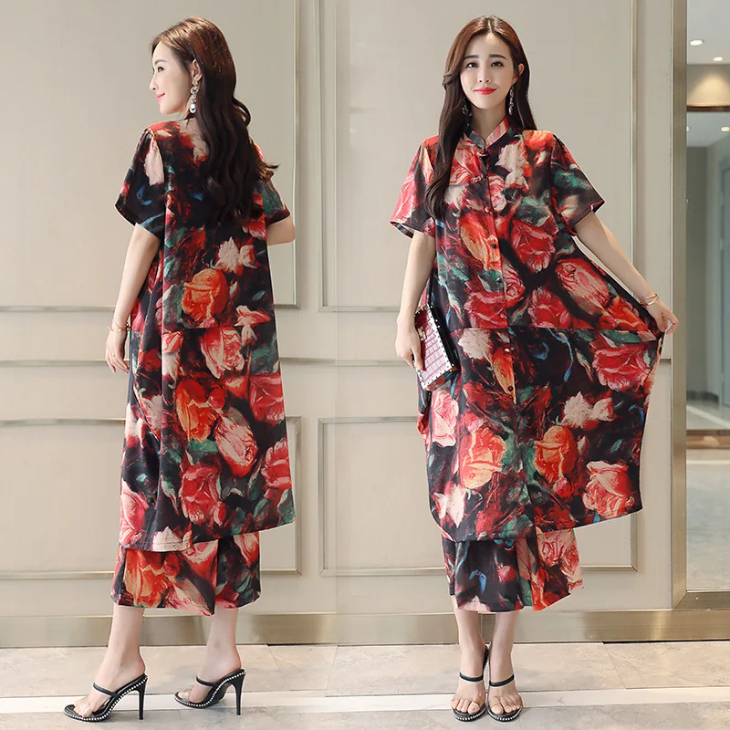 

Ethnic-Style 2019 Summer New Products Printed Chiffon Large Size Cardigan Stand Collar Tops Elastic Waist Loose Pants Set