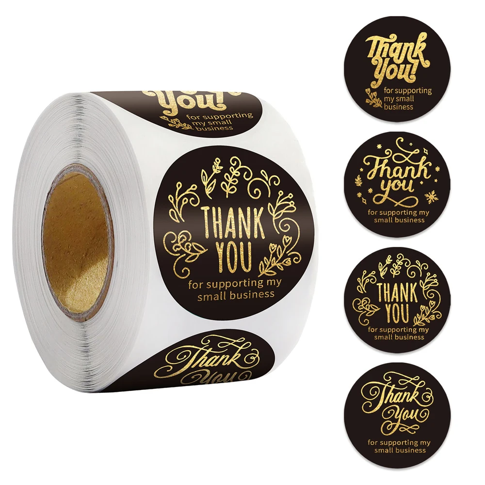 

100-500pcs Black Paper Gold Foil Thank You Sticker For Supporting My Small Business 1 Inch Circel Stationery Sealing Labels