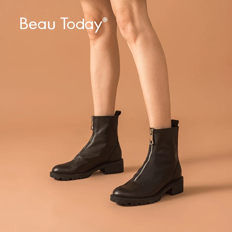 BeauToday/Модные ботильоны; женская обувь из телячьей кожи с круглым носком и застежкой-молнией спереди; сезон осень-зима; женская обувь ручной р... BeauToday/Модные ботильоны; женская обувь из телячьей кожи с круглым носком и застежкой-молнией спереди; сезон осень-зима; женская обувь ручной р...