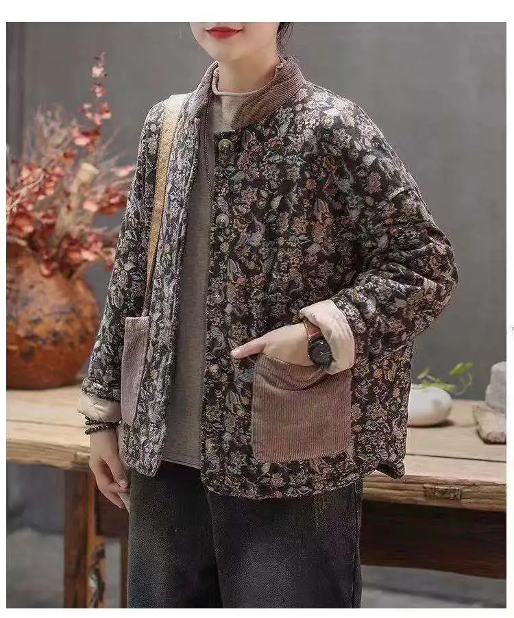 

Cotton Women Print Parkas 2019 Autumn Winter Big Size Vintage Floral Thick cotton-padded Pockets Women Warm Coat YoYiKamomo