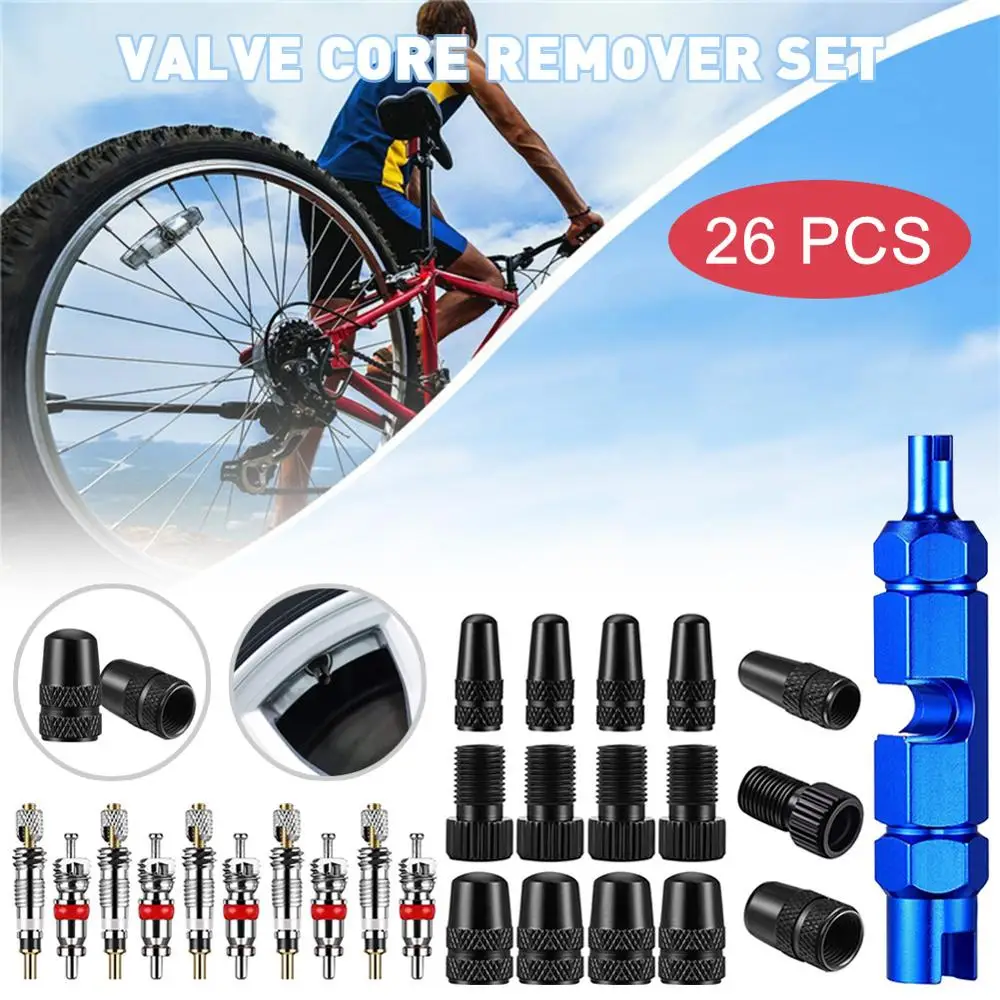 

26Pcs Valve Core Remover Tool Set for Presta/Schrader with Replacement Cores, Caps, Adapters