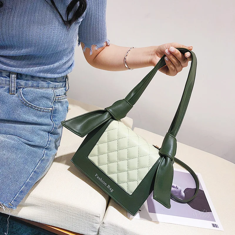 

Small Bag Women's 2018 Summer New Style Contrast Color Shoulder Bag Korean-style Rhombus Shoulder Bag Hand Bow Square Sling Bag
