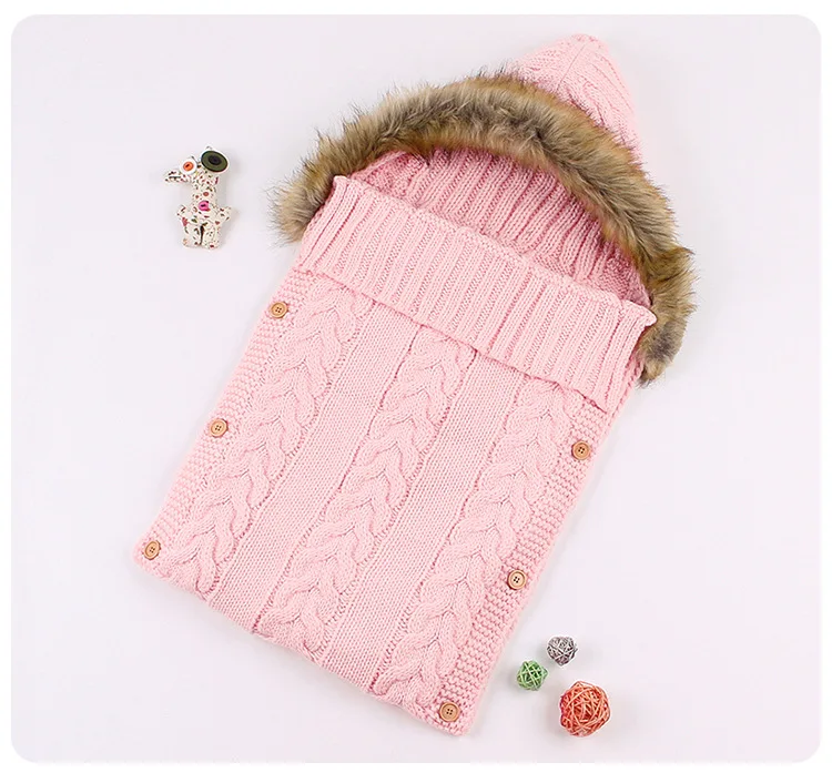 Зимний детский спальный мешок, шапка, конверт, детский спальный мешок, Вязаная Шерсть, Slaapzak Footmuff для коляски, вязаный спальный мешок, пеленка для новорожденных - Цвет: Pink