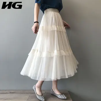 

HG Spring 2020 New Mesh Cupcake Skirt Ruffle Korean Style Elastic Waist Skirts Women Fashion Wild Loose Women Clothes XJ4144