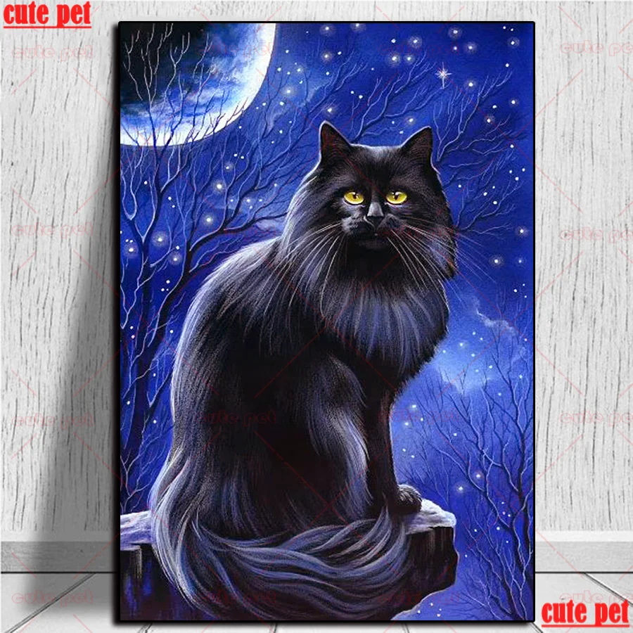 Full Square Drill Black cat under the moon night Mosaic Diamond