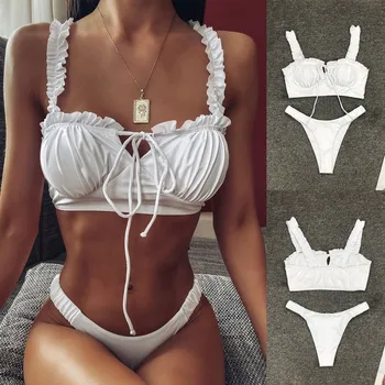 

In-X Solid ruffle bathingsuit female Bandeau Biquini 2020 Short sleeve underwear women Tie side bathing suit High cut Biquini