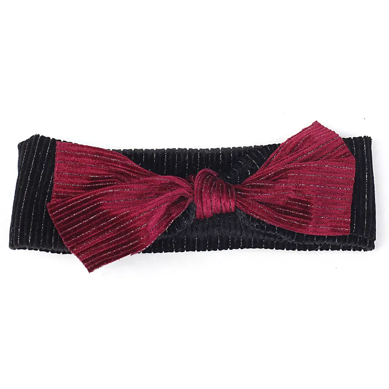 wine red black Бархатная Детская повязка для волос с бантом для новорожденных с серебряной полоской, детская чалма, повязка на голову, Эластичные аксессуары для волос - Цвет: wine red black