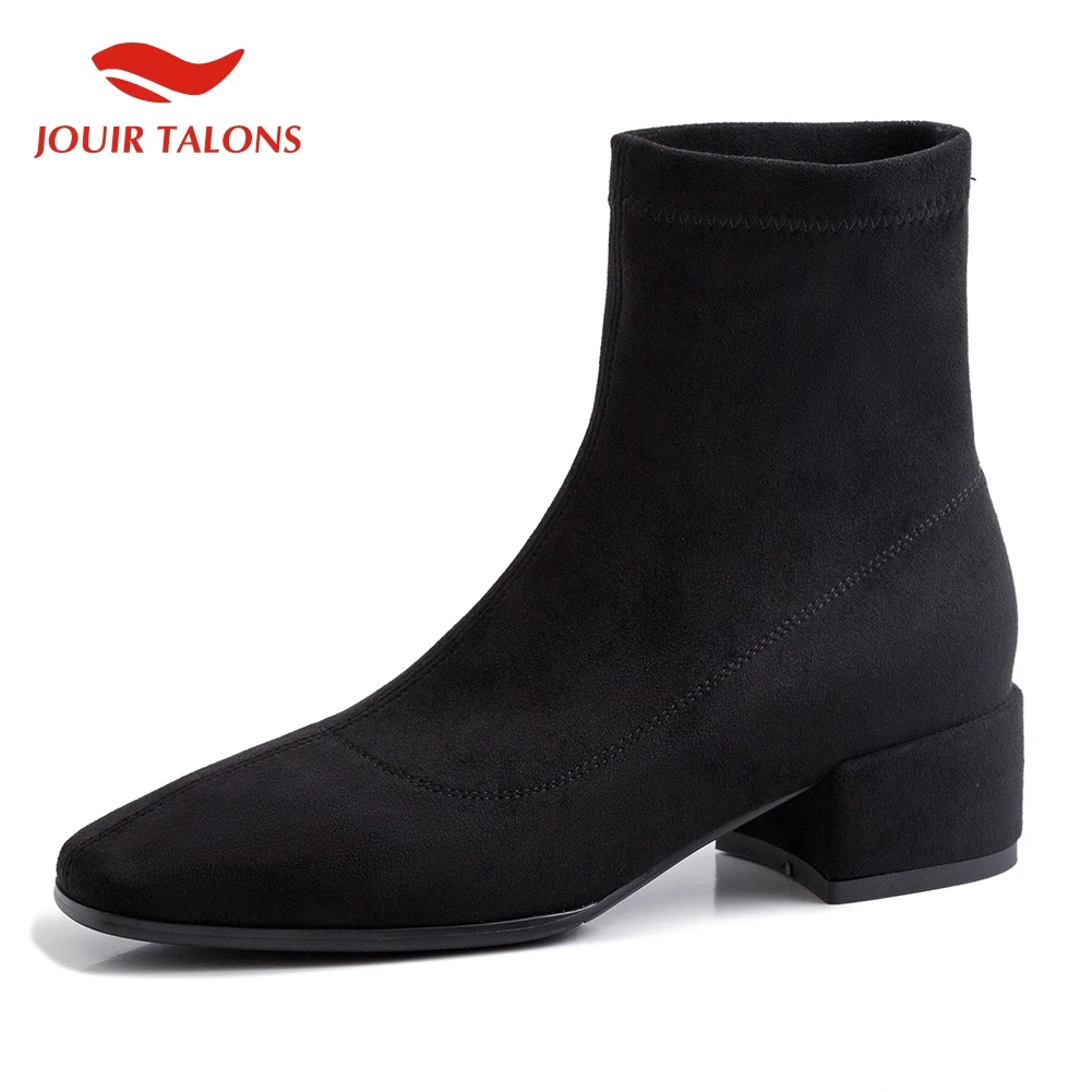 

On sale 2019 Brand Design Stretch Sock Boots Woman Shoes Square Toe Chunky Heels INS Ankle Boots Women Shoes Woman