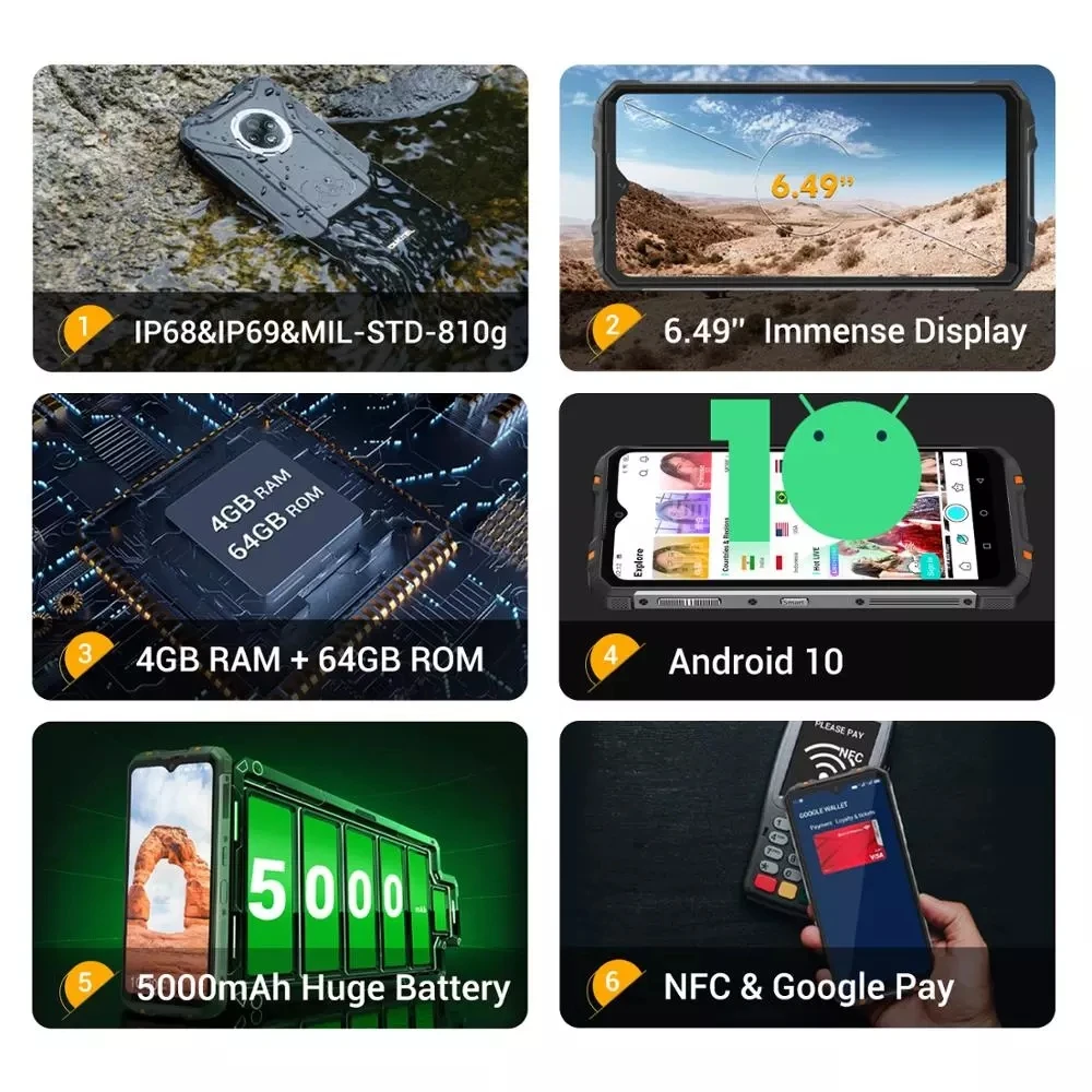 original OUKITEL WP8 Pro IP68 Waterproof Mobile Phone NFC 6.49'' HD+ 4GB 64GB MT6762D Octa Core Android 10 4G Smartphone 5000mAh