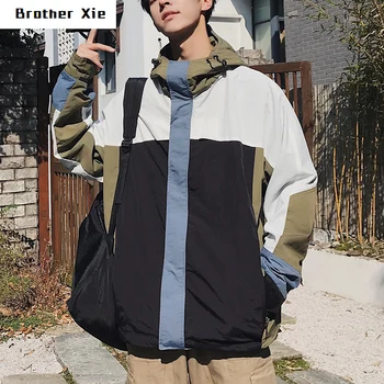 

Autumn New Jacket Men Fashion Contrast Color Stitching Casual Hooded Jacket Man Streetwear Wild Hip Hop Loose Bomber Jacket