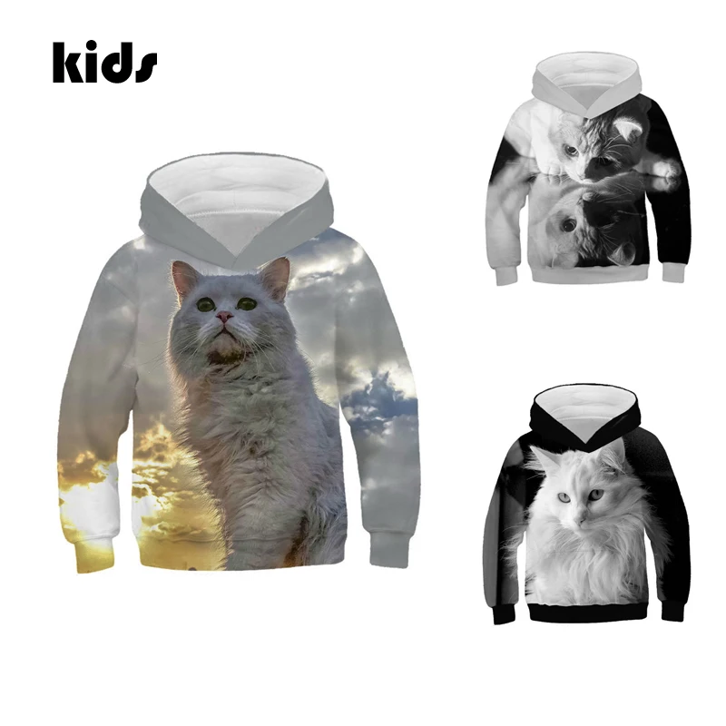 

children's animal cat long-sleeved hoodie 3D print cute cat black white sports hoodie boys/ girl casual outdoor Harajuku coat
