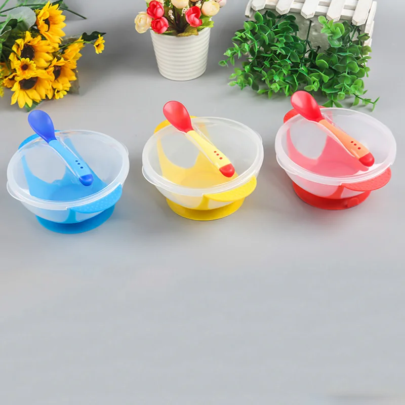 3 PCS/Set Baby Bowl Cover Spoon Dinnerware Set Infant Cutlery Sets Drop Resistance Temperature Sensing Baby Feeding Products