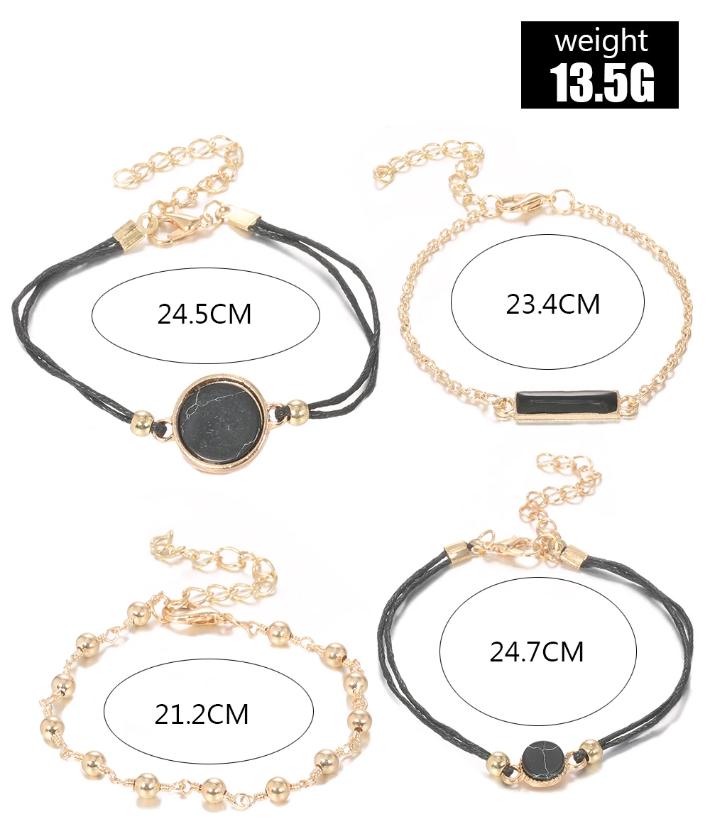 4 шт./компл. богемные круглые черные хрустальные геометрические бусины браслеты для женщин цепочка кожаный золотой браслет набор ювелирных изделий