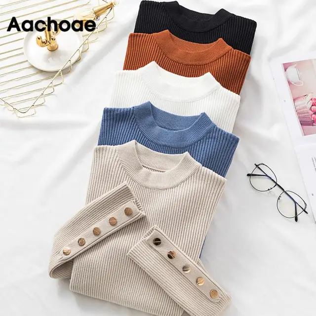US $9.75 Aachoae Spring Women Long Sleeve Sweater Winter Knitted Turtleneck Casual Cashmere Pullover Metal B