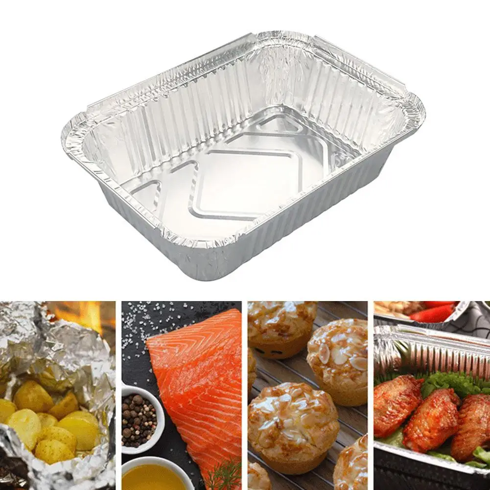 Kitchen Supplies 50Pcs Disposable Rectangle Aluminum Foil BBQ Baking Pan Food Tray Container |