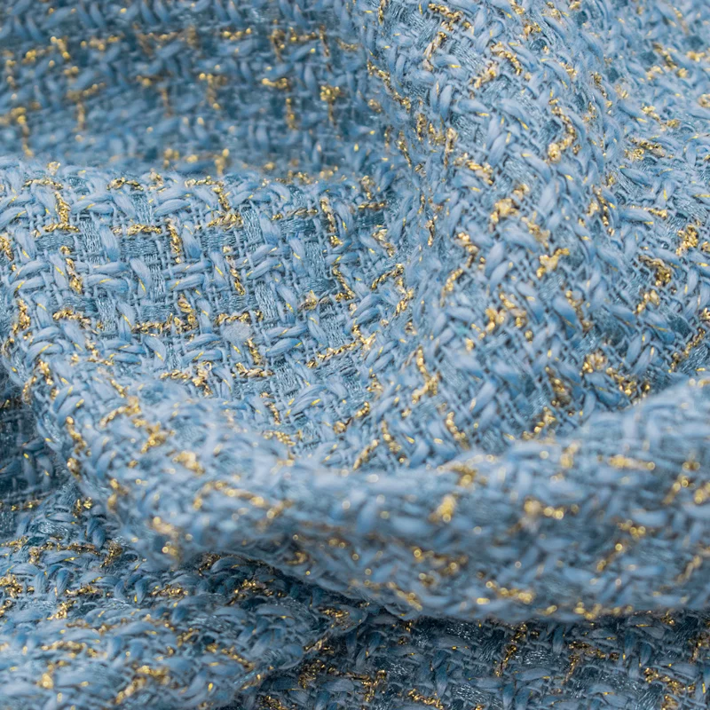 Blue Gold Wire Plaid Weave Tweed Fabric For Coat Skirt Tissus Au Mètre Telas Por Metro Tкань для шитья Tissu Sewing Tela Tecido