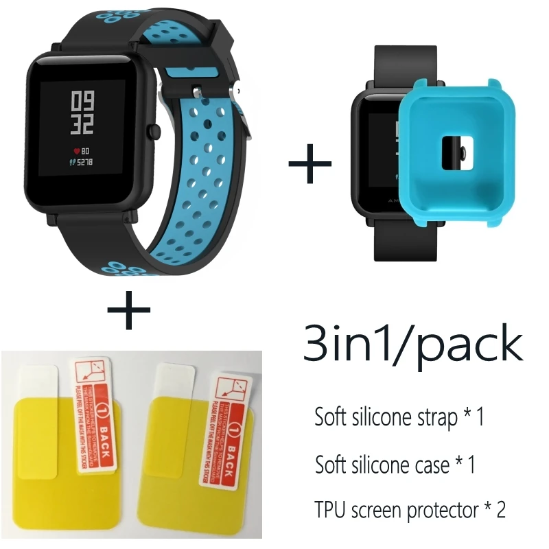 3в1 Для Xiao mi Hua mi Amazfit Bit ремешок BIP PACE Lite Молодежные умные часы mi Fit braceket+ силиконовые полосы+ мягкий чехол+ 2 пленки для экрана - Цвет: Black blue-Blue