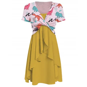 

2pcs/set Animals Dinosaur Printed Dresses for Women Short Sleeves Summer Party Ladies Two Pieces Set Casual Holiday Beach Dress