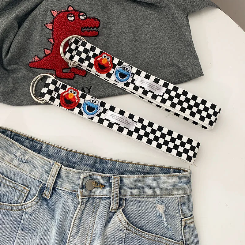 

Black White Canvas Waist Belts Casual Checkerboard Belt Cartoon Fun Harajuku INS Belt Women Student Street Punk Belt 120 cm