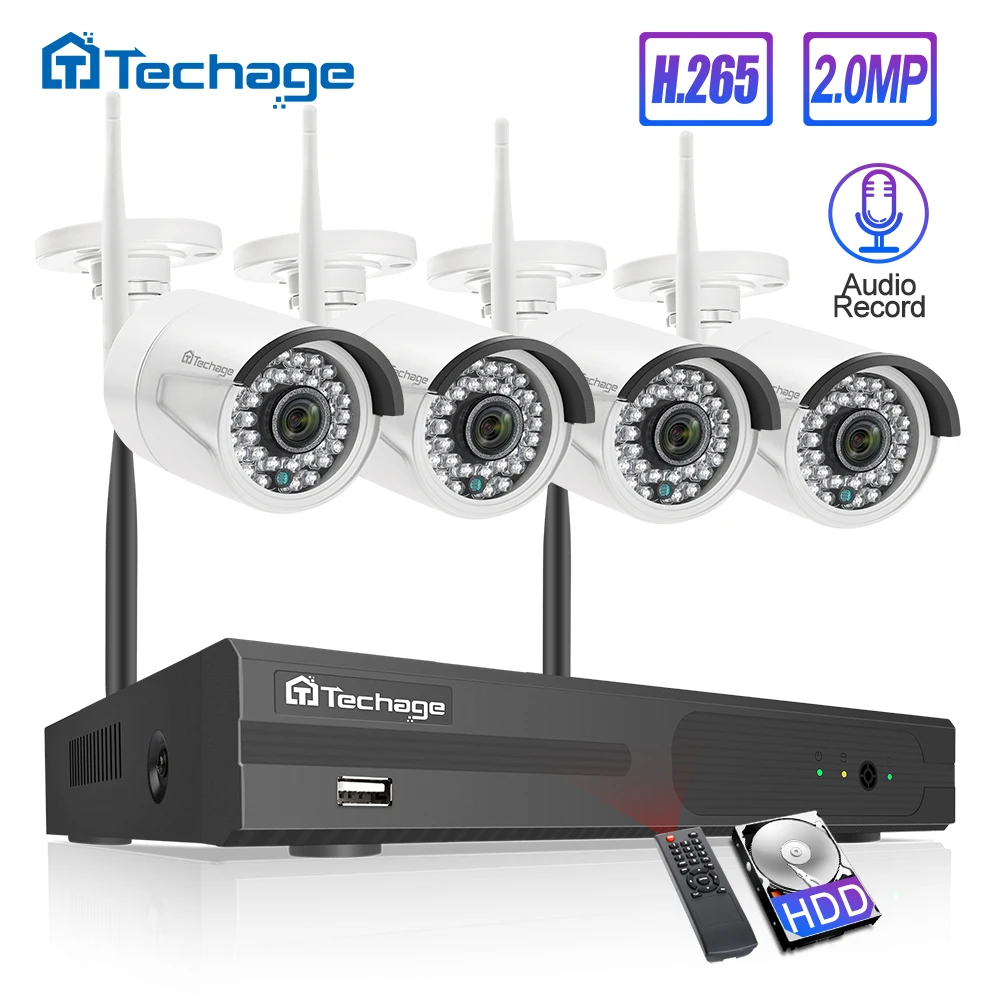 Techage H.265 4CH 1080P Беспроводной NVR комплект CCTV система 2MP Аудио Звук WiFi IP камера ИК