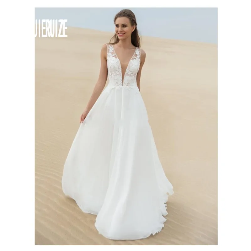 

JIERUIZE Elegant Tull Wedding Dresses V Neck Sweep Sleeveless Button Back Lace Appliques Beach Bridal Gown vestito da sposa