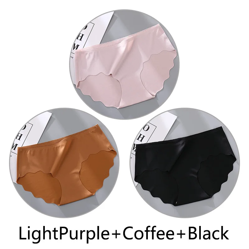 L-Purple Coffee Blac 3 шт сплошной цвет мягкие трусики бесшовные женские сексуальные оборки женские дышащие трусы натуральный шелк антибактериальные промежность нижнее белье на Клее - Цвет: L-Purple Coffee Blac