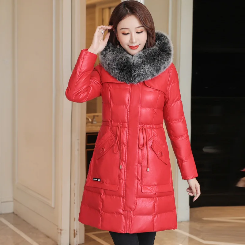 

PU Leather down Feather Cotton-padded Clothes Women's Mid-length Winter Korean-style Slim Fit Cotton Coat Thick Large Fur Collar