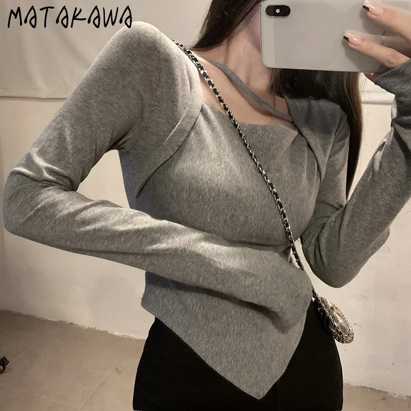 Matakawa Осенние футболки корейская мода обтягивающий дизайн нерегулярная