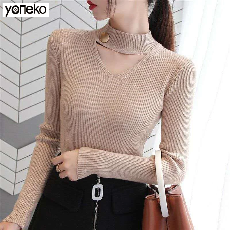 

Yoneko Elegant Women's Autumn Knitting Shirts Fashion Blouses Slim Long Sleeve V-Neck Solid Color Tops Casual Women's Tops KM661
