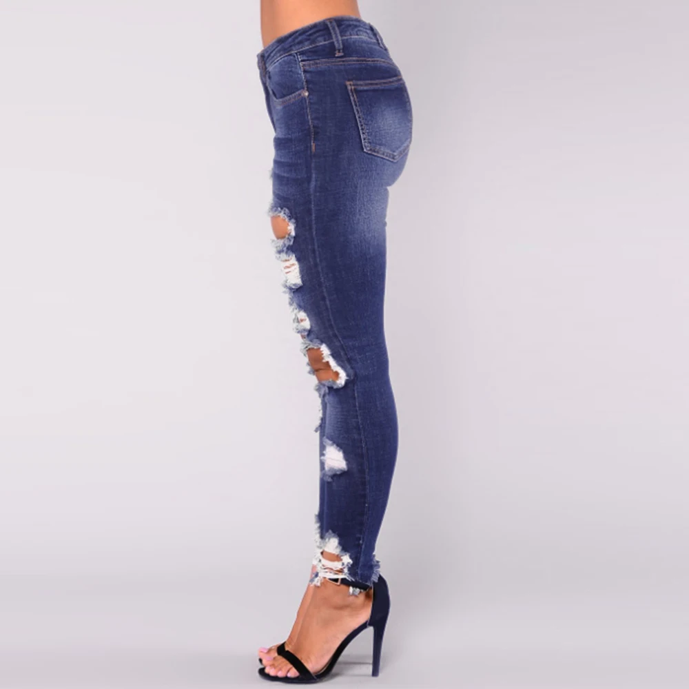 Hole Jeans Long Stretch Pencil Pants  Skinny Destroyed Ripped Hole  Causl Ladies Denim Trousers 3XL Women High Waisted