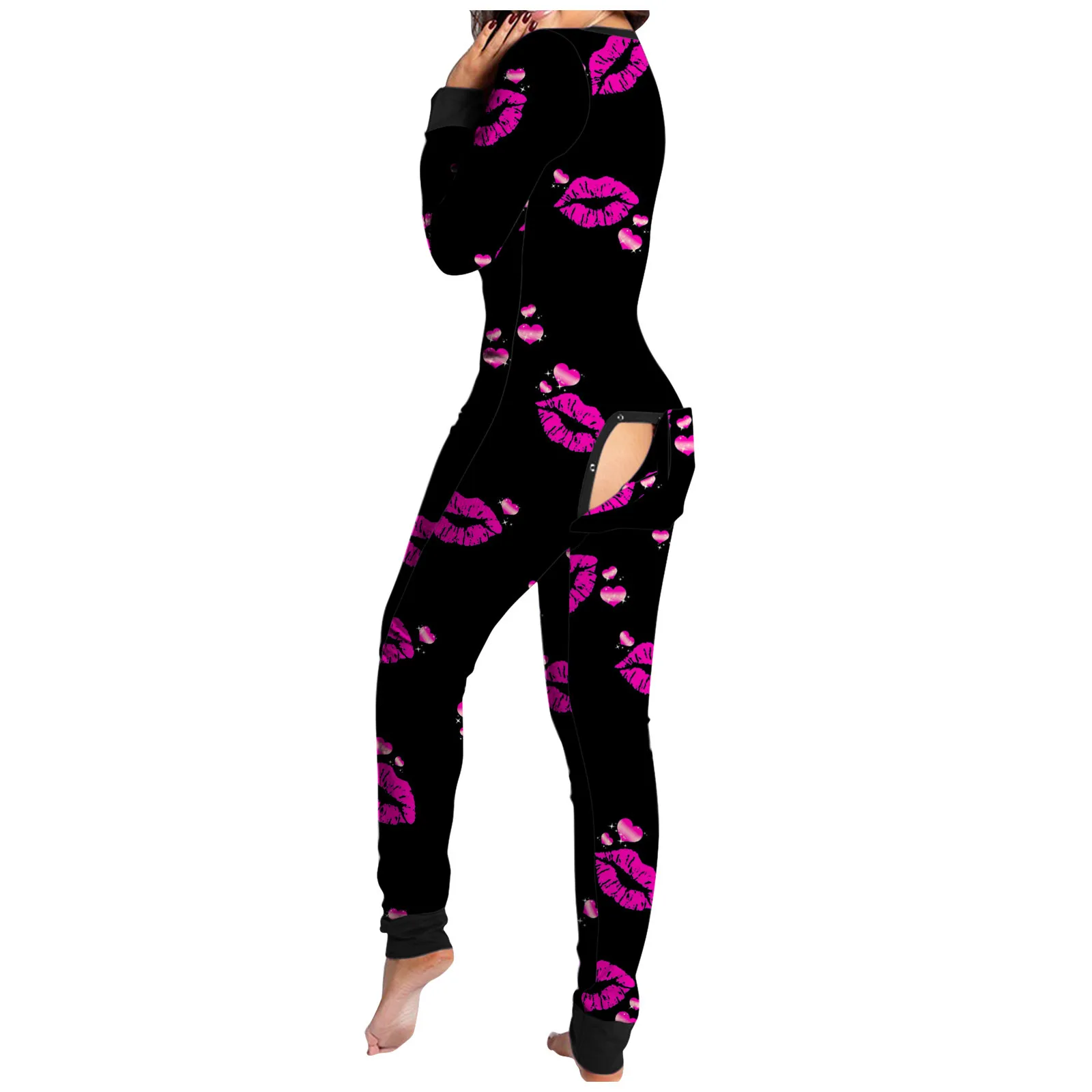 Women Vneck Long Sleeve Jumpsuit Sleepwear Sexy Pajamas Onesies Button