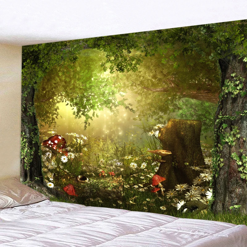 Tapisserie Murale Forêt Tenture Murale Nature Tissu Mural Printemps  Champignons,Conte de fées pour Enfants Chambre