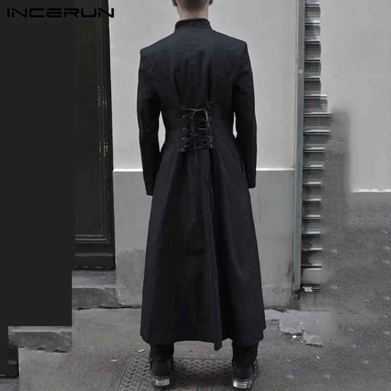 INCERUN, Модный Готический мужской длинный рукав, для фитнеса, фрак, Тренч в стиле панк, чистый цвет, шнуровка, мужские повседневные стильные длинные пальто