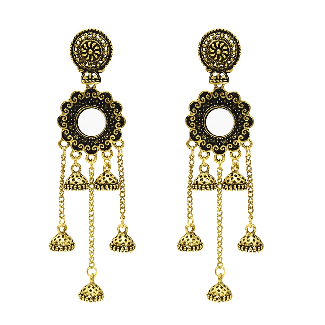 Afghan Indian Earrings Jewelry Silver Long Tassel Drop Jhumka Earrings for Women Mirror Statement Earring Gypsy Tribal Bijoux