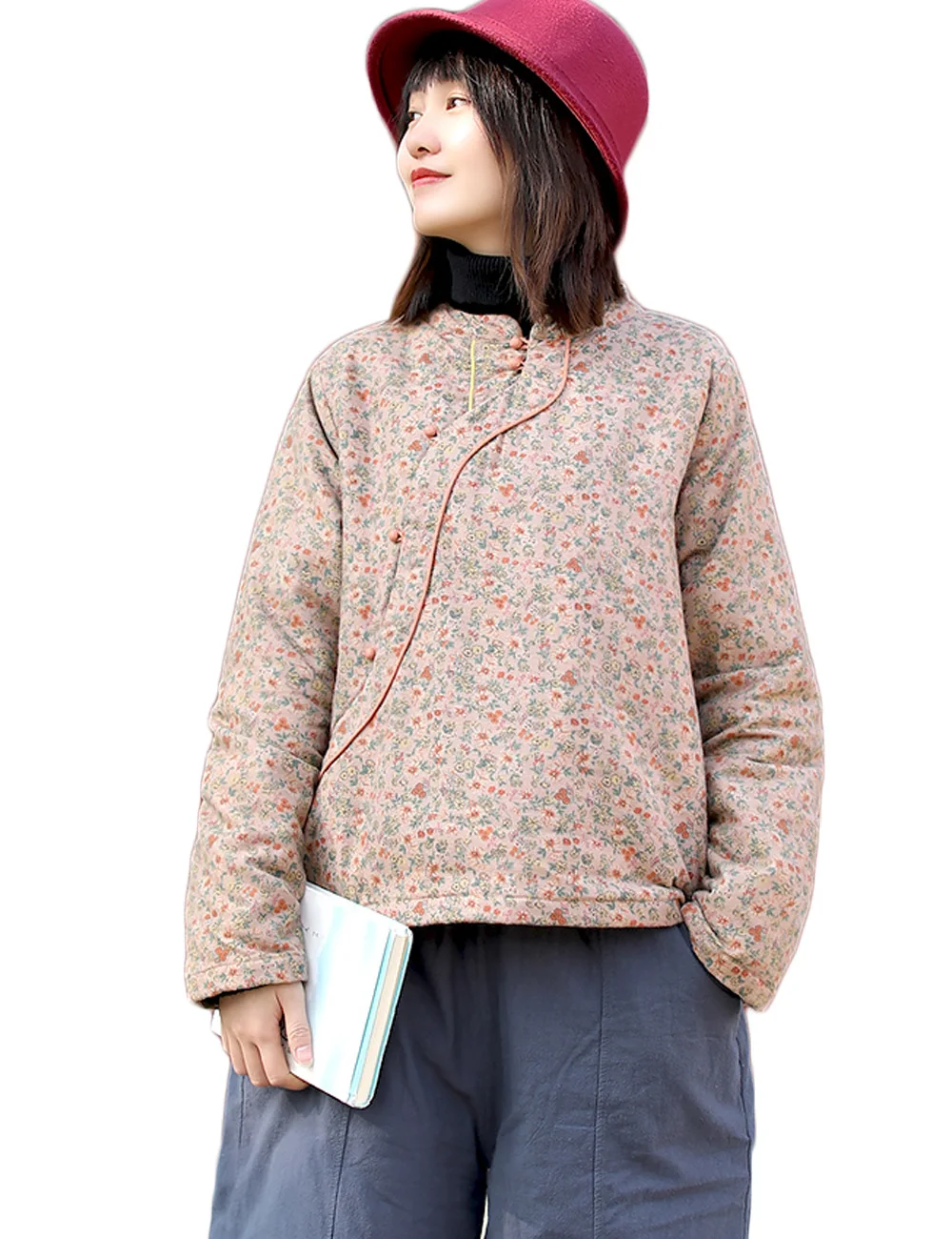 LZJN Women Short Quilted Jacket Floral Printed Cotton Brushed Retro Chinese Slant Collar Warm Coat Padded Outerwear | Женская одежда