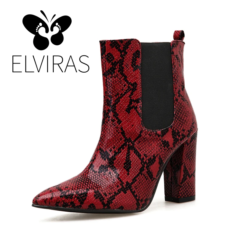 

ELVIRAS Snake Skin Pointed Toe Stitching color Women's Boots Ankle Winter Boots For Women Autumn High Heel Leather Boots Women