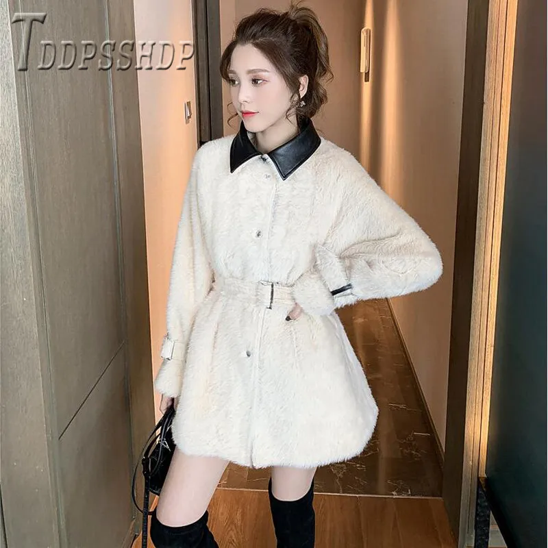 Женское пальто из искусственного меха, корейское пальто с отворотом на талии, тонкое осеннее Женское пальто