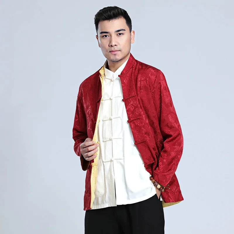 Китайский костюм Мужская куртка с длинными рукавами 2802-1 мужская одежда в китайском стиле Мужская атласная Двусторонняя одежда с длинным рукавом Осень Cl