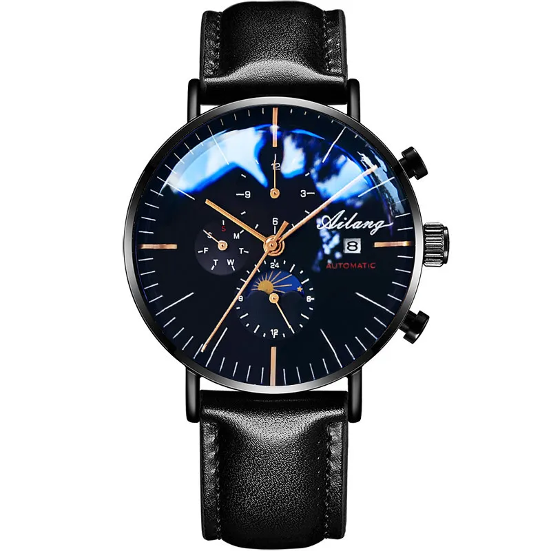 AILANG Fashio Men Black Automatic Mechanical Watches Stainless Steel Waterproof Date Week Classic Wrist Watches Reloj Hombre 