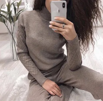 

Winter 2 Piece Sets Women 2019 New Knitted Tracksuit Turtleneck Pullover Sweatshirts Knitted Pants Suit Casual Clothing Set