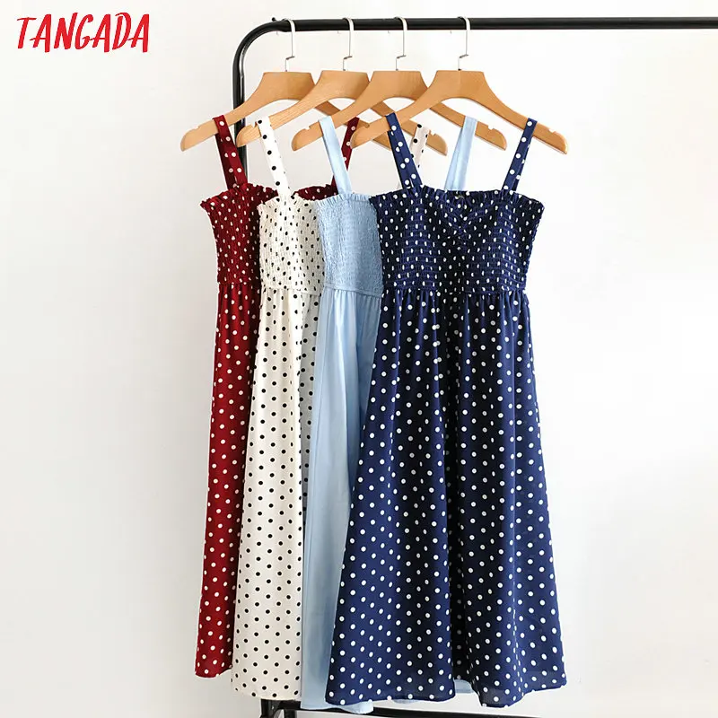 

Tangada women dots print dress stretchy strap adjust sleeveless 2020 summer fashion lady midi dresses vestido HY199