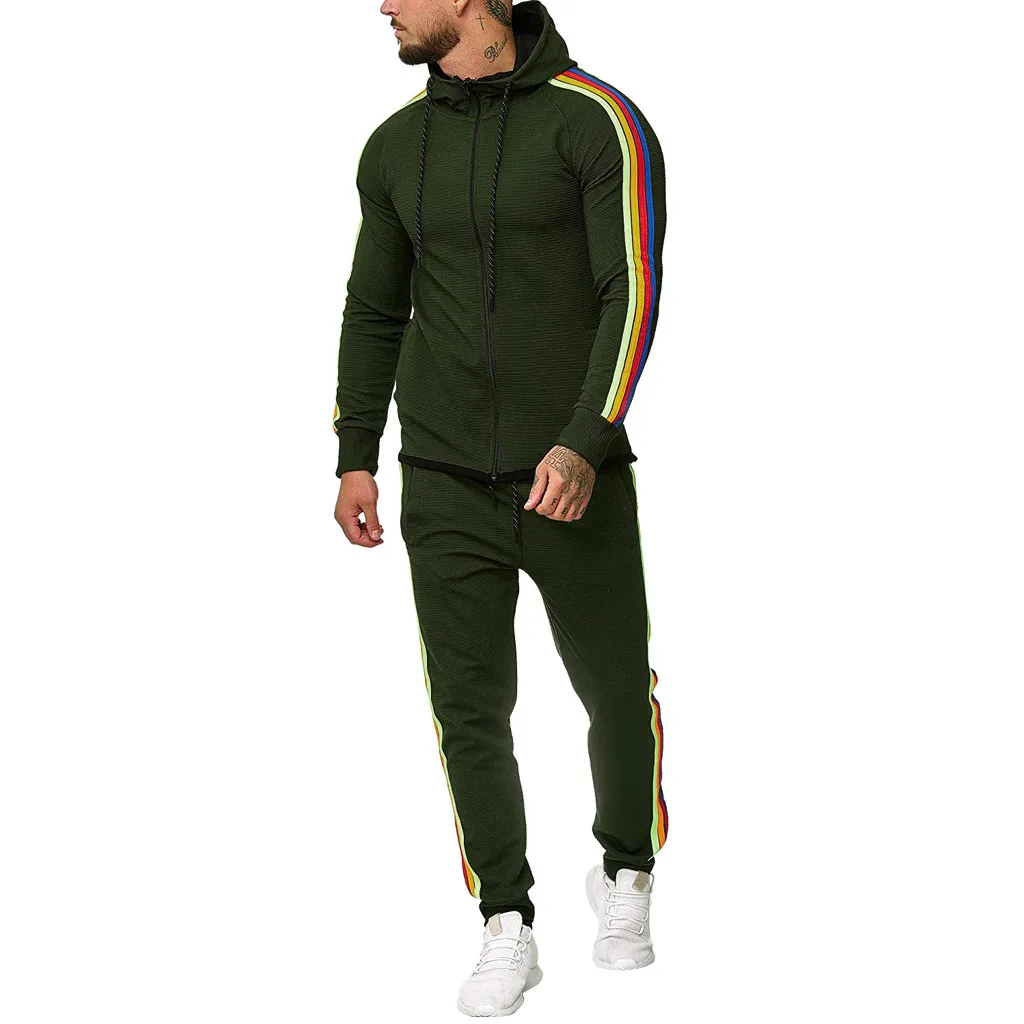 KLV, мужские комплекты из 2 предметов, спортивный костюм, бренд, Осень-зима, толстовка с капюшоном, штаны на шнурке, мужские полосатые Лоскутные толстовки 9516 - Цвет: Army Green