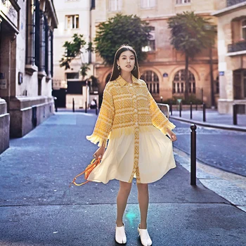 

Yellow Autumn Plaid Patchwork Twist Loose Medium Term Shirt Dresses Women