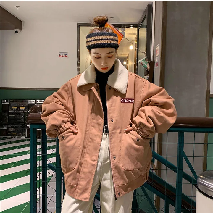 

Photo Shoot Two Fur Collar-Collocation New Style Korean-style College Style Loose Thick Workwear Fur Collar Cotton Coat Women's