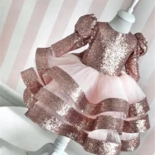 Платье для маленьких девочек с длинными рукавами и блестками цвета шампанского, золотого цвета детское платье на первый день рождения вечерние платья с бантом