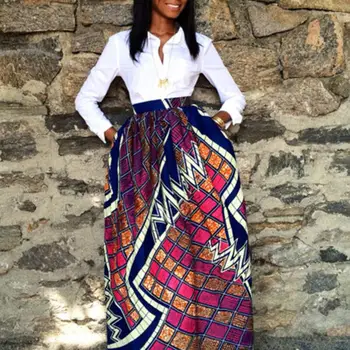 

African Women Feather Printed High Waist Pleated Loose Large Swing Long Skirt