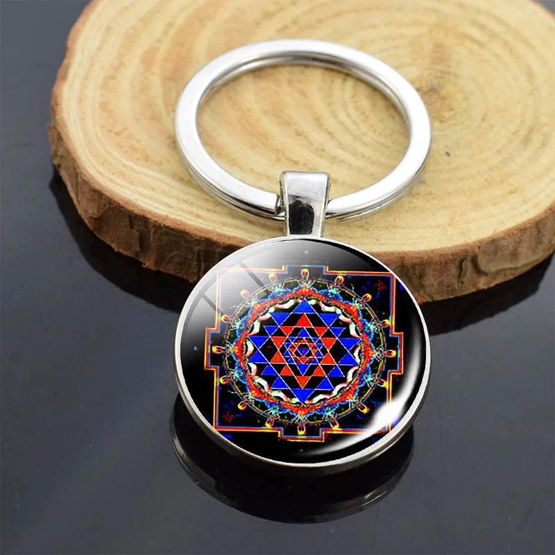 Мода Sri Yantra Мандала узор Двусторонняя бижутерия со стеклянными кабошонами подвеска буддиста брелок ручной работы для женщин мужчин индийские подарки