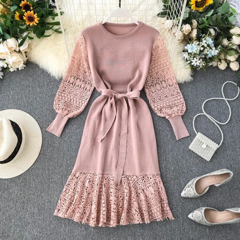 Romantic Lace Crochet Knitted Dress Women Autumn Winter Elegant Long Sleeve Sashes Bandage Ladies Pink Party MY950 |