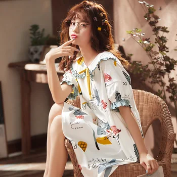 

Пижамы женские весна и лето новый хлопок вокруг шеи белая повседневная печать корейских милые пижамы на дому