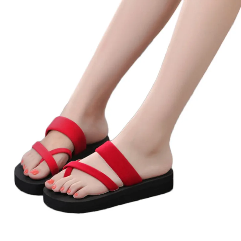 MoneRffi/женская повседневная обувь; Туфли на танкетке; шлепанцы; женская пляжная обувь на каблуке; обувь на платформе; Вьетнамки; сезон лето - Цвет: red-2